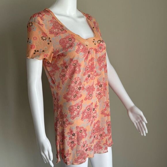 J. Jill Pink & Orange Floral Semi Sheer Mesh Lettuce Hem Scoop Neck Top - Picture 3 of 7